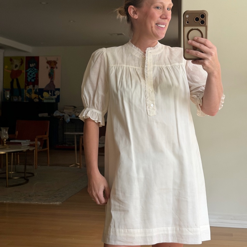 Weekend Los Angeles Cotton Ivory White Cream Boho Puff Sleeve Midi Lined Dress